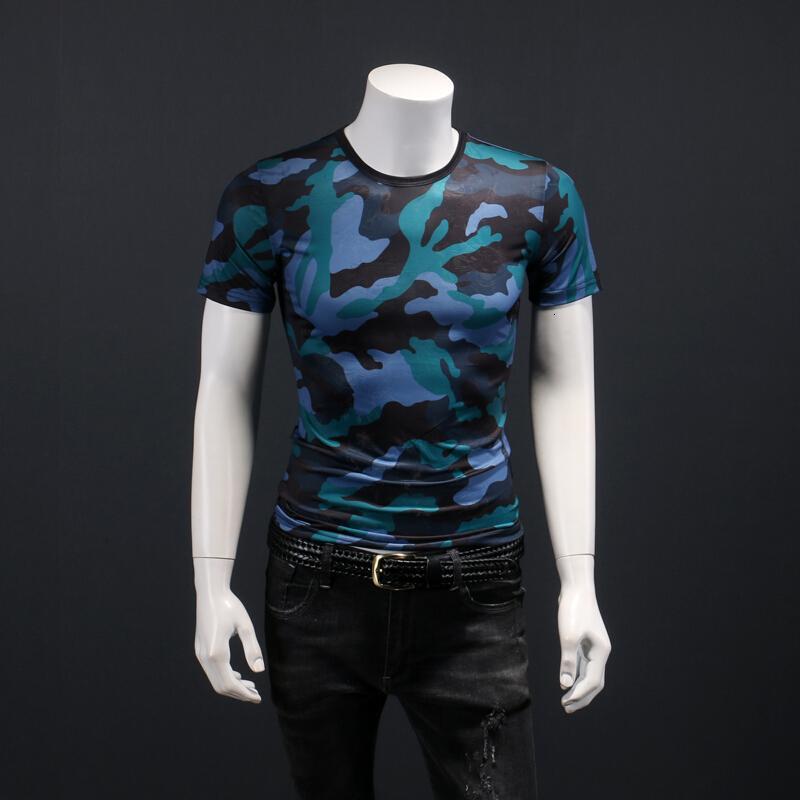 修身韩版迷彩短袖t恤男镂空青时尚个印花袖体恤衫潮男圆领t