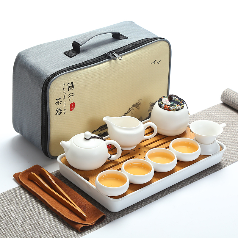 陶瓷旅行茶具套装简约家用功夫泡茶壶茶杯便携式旅游包车载竹茶盘|新12件套荷韵玲珑瓷（红茶款）