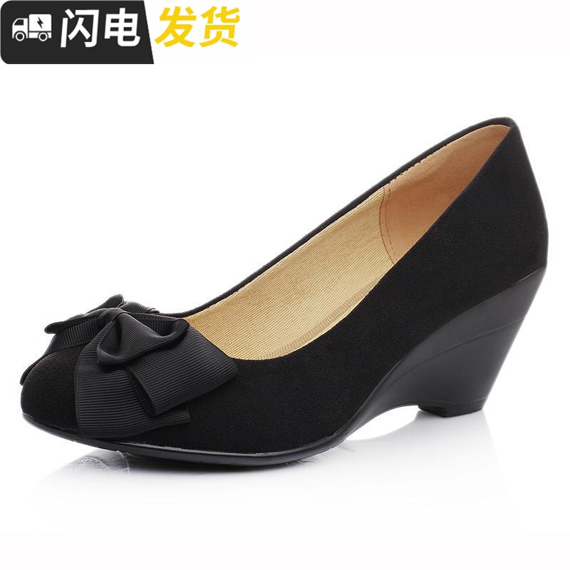 春秋新款老北京布鞋单鞋女鞋黑色高跟鞋坡跟职业工作鞋通勤工装鞋启如