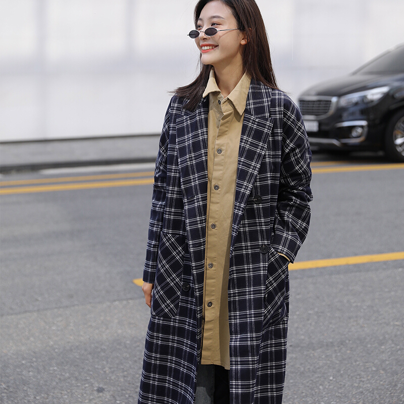 秋季外套2018女甜美学生宽松双排扣美美搭lulu格子风衣中长款藏青色