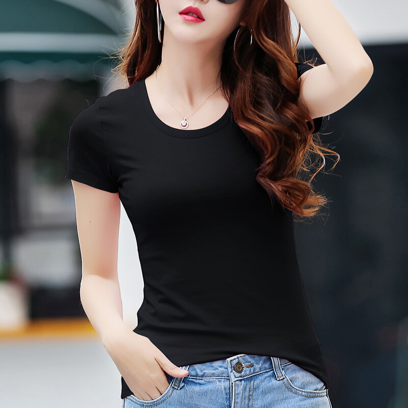 纯黑色t恤女紧身短袖棉v领打底衫夏季修身显瘦韩范上衣体恤半袖黑色v