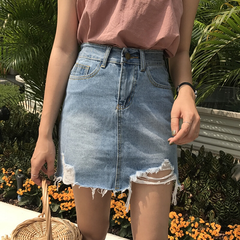 韩版夏季百搭复古水洗渐变破洞毛边纯色牛仔包臀半身裙短裙女