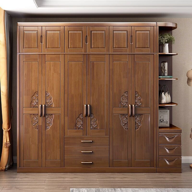 兰秀家居中式实木衣柜对开门推拉六门大容量衣柜卧室经济橡胶木大衣橱