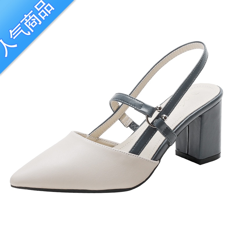 SUNTEK尖头高跟鞋中空时装扣带凉鞋女2023新粗跟侧空单鞋配裙子鞋扣凉S高清大图