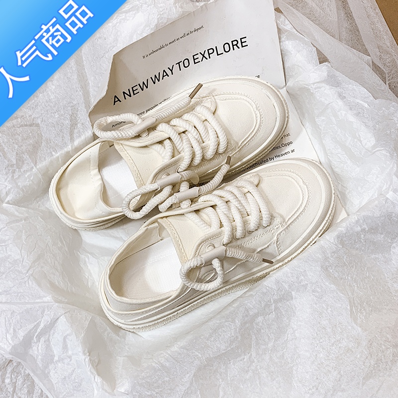 SUNTEK奶白两穿半拖帆布鞋女春夏新款ins潮小众设计学生一脚蹬小白鞋子高清大图