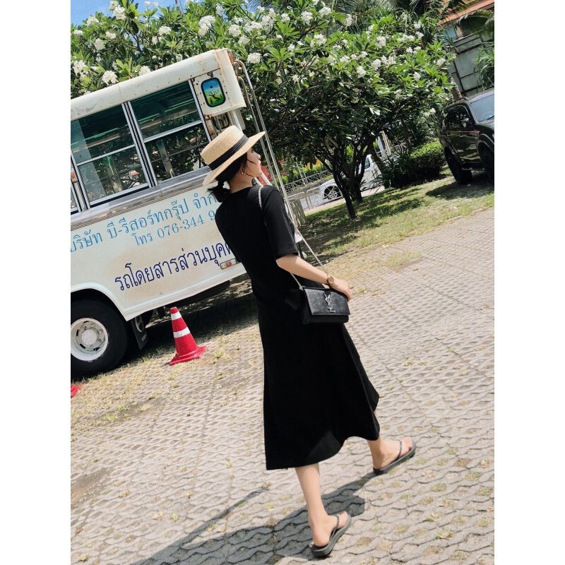 女装夏装2018新款中长款裙子韩版圆领修身百搭黑色短袖连衣裙黑色
