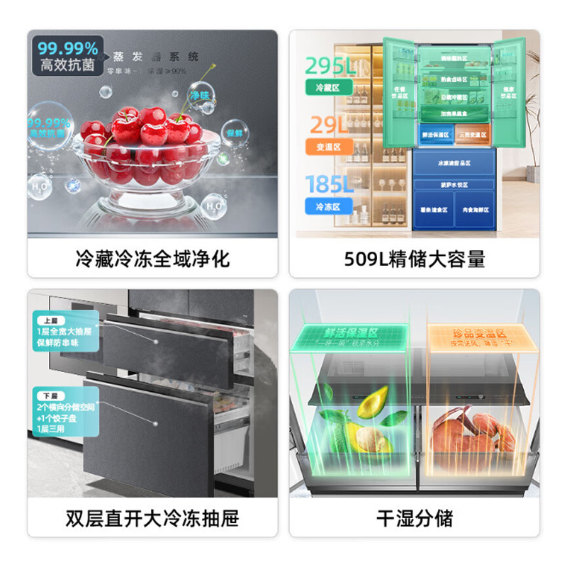美菱509升祥云锦法式四门冰箱63.5cm超薄两侧零嵌入底部散热BCD-509WP9BTZX-灰高清大图