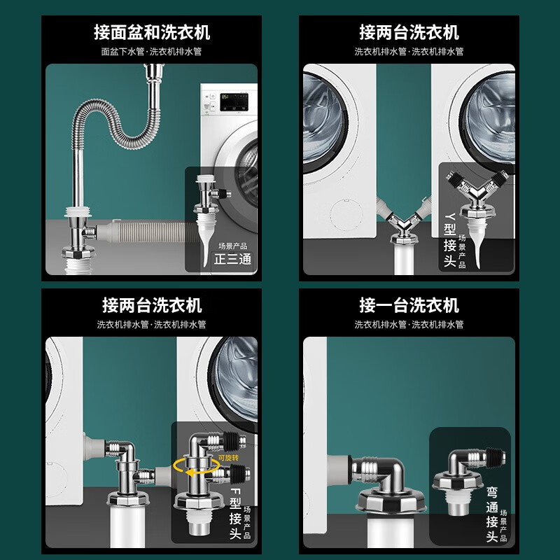 洗衣机地漏三通专用接头排水管下水道两用防臭下水管道- - 【方形地漏盖】+Y双接头+防溢水