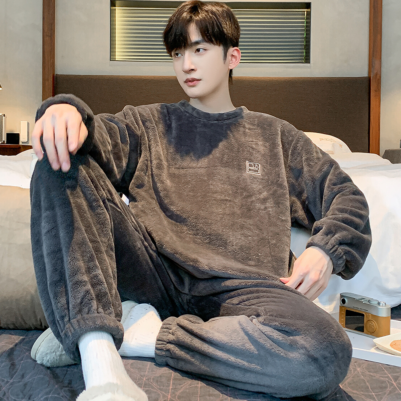 浪莎珊瑚绒男款睡衣男士冬季加绒加厚秋冬款2024新款法兰绒家居服 LF-33004深灰 XL建议130-150斤