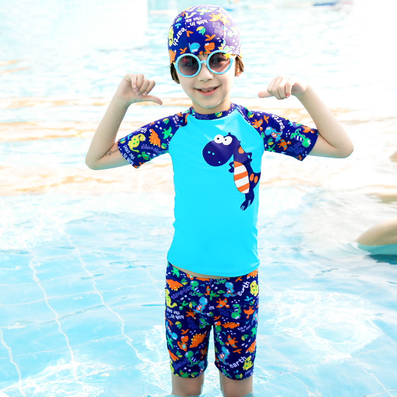 78佑游儿童泳衣泳裤男童小男孩分体平角裤小恐龙游泳装套装视频