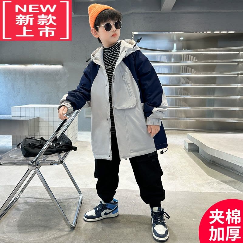 可莉允男童秋装夹棉加厚风衣外套2022新款中大童儿童洋气冬季中长款棉服图片