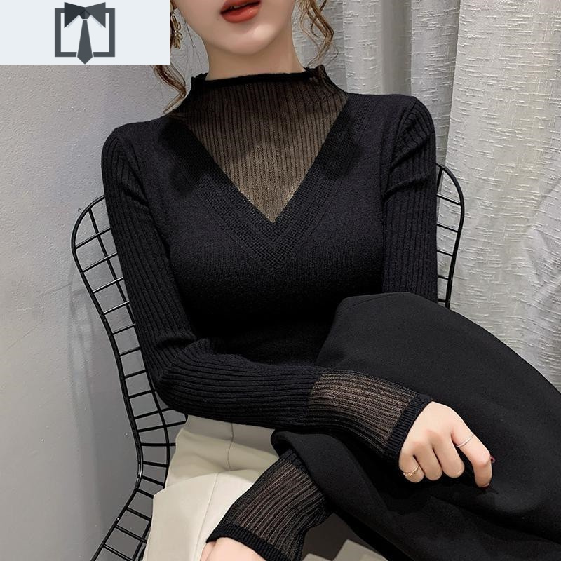 SUNTEK胖mm秋冬性感遮肉网纱拼接针织上衣女修身显瘦半高领打底毛衣大码毛衣