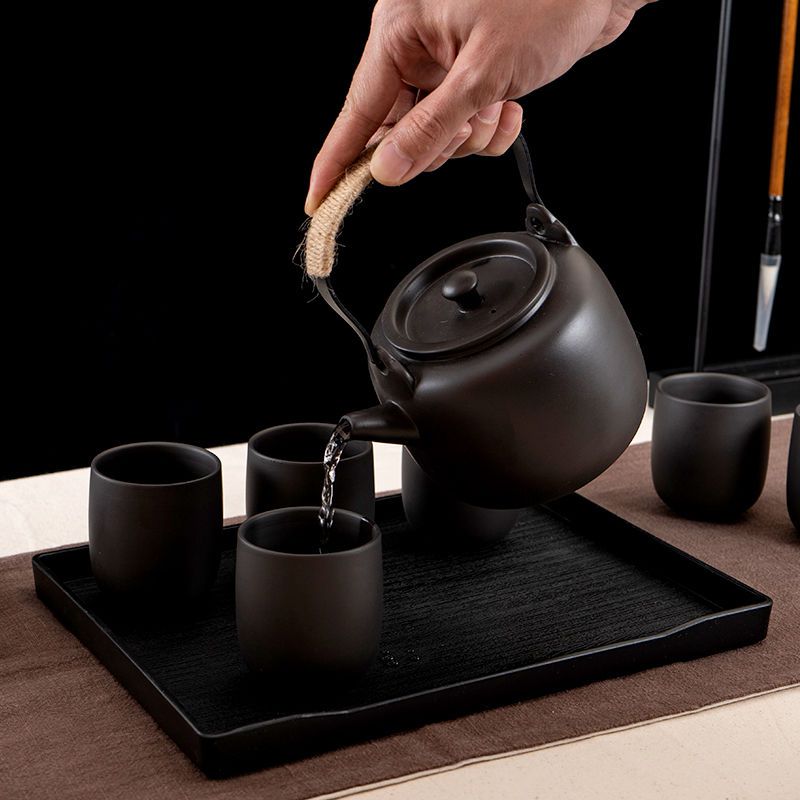 整套紫砂功夫茶具 陶瓷家用客厅现代提梁壶 大号茶壶茶杯茶盘套装 原矿提梁壶 黑