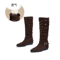 新款尖头靴子长筒靴女冬季粗跟骑士靴复古堆堆靴休闲百搭女靴 咖色 40