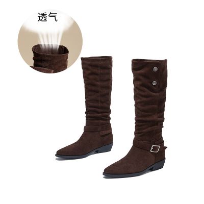 新款尖头靴子长筒靴女冬季粗跟骑士靴复古堆堆靴休闲百搭女靴 咖色 40