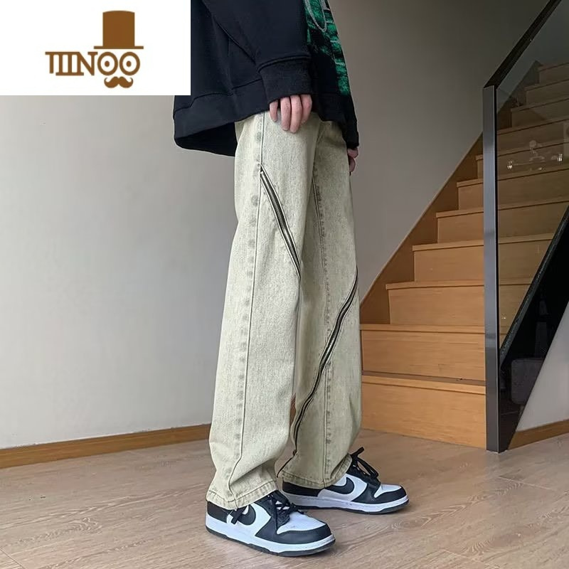 YANXU拉链牛仔裤男款夏季薄款oversize阔腿裤痞帅美式高街宽松复古裤子