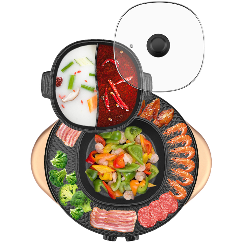 益多 烤涮一体锅 GM-8008多功能煎炒蒸煮 韩式家用无烟不粘电火锅 可分离鸳鸯锅高清大图