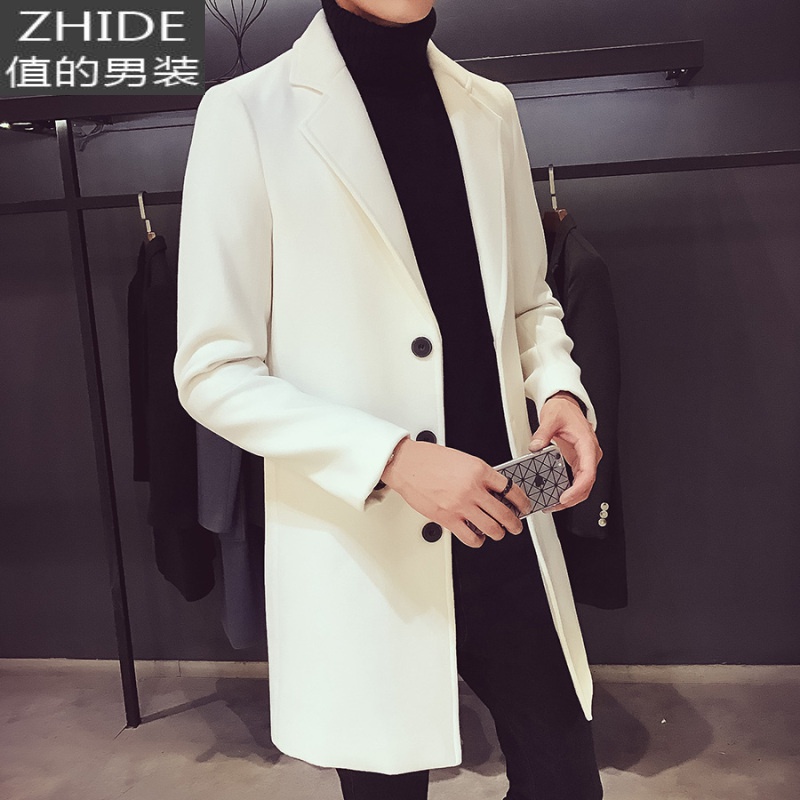 SUNTEK男风衣外套秋装2020新款中长款韩版潮流帅气毛呢子大衣男潮牌加厚风衣 米白色 4XL