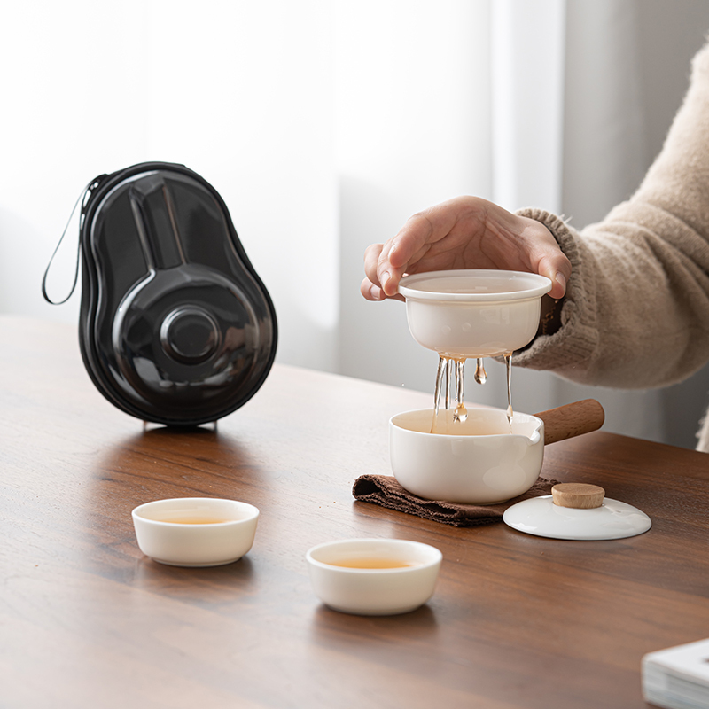 苏氏陶瓷(SUSHI CERAMICS)羊脂玉瓷木柄侧把壶快客杯便捷茶具旅行包