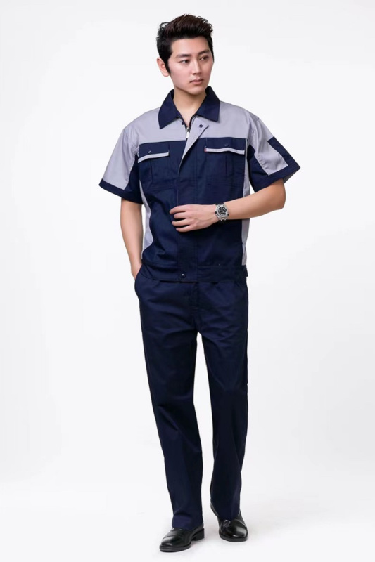 尹潮 XM-302夏季薄款反光条纯棉短袖工作服套装 藏青+红色 M码/套高清大图
