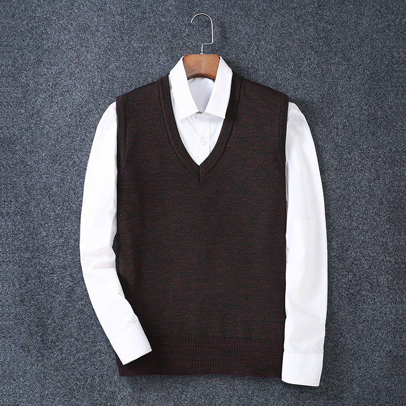 suntek中老年人毛线针织马甲背心男士v领套头无袖毛衣背心宽松马甲薄