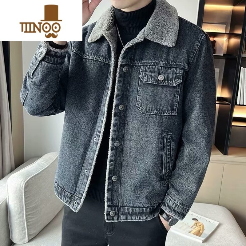 YANXU牛仔夹克外套男冬季2023新款加绒加厚牛仔衣大码休闲潮牌冬装高清大图