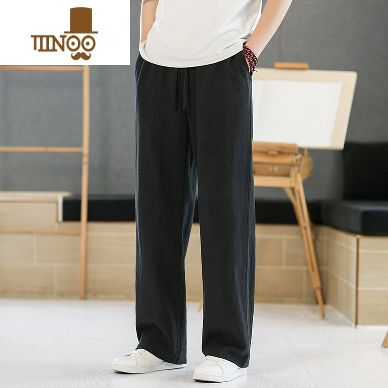yanxu亚麻裤男夏季薄款宽松直筒裤垂感阔腿裤棉麻裤子休闲长裤大码男