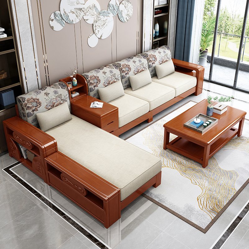 现代中式带转角实木沙发组合精品家具冬夏两用大小户型储物木质沙发