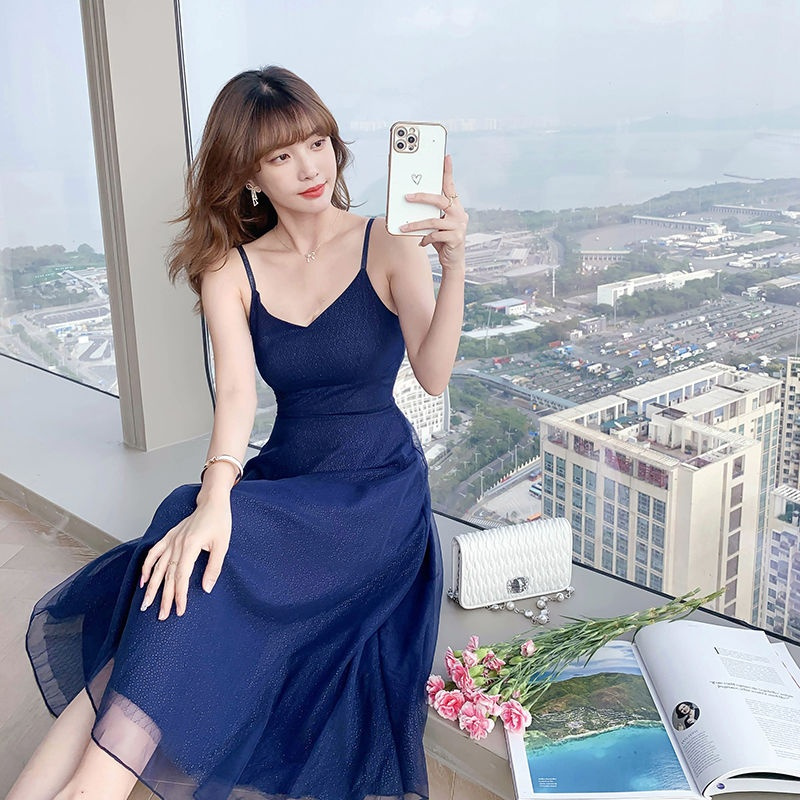高档遮肚吊带连衣裙大摆星空亮片网纱吊带裙夏性感外穿新款裙子黑色