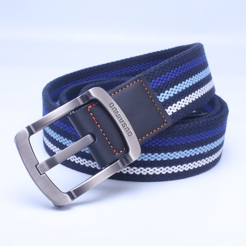 家柏饰(CORATED)男士针扣帆布腰带休闲加长皮带高中军训潮男青年学生布带胖子裤带 真皮S针扣蓝间白100cm