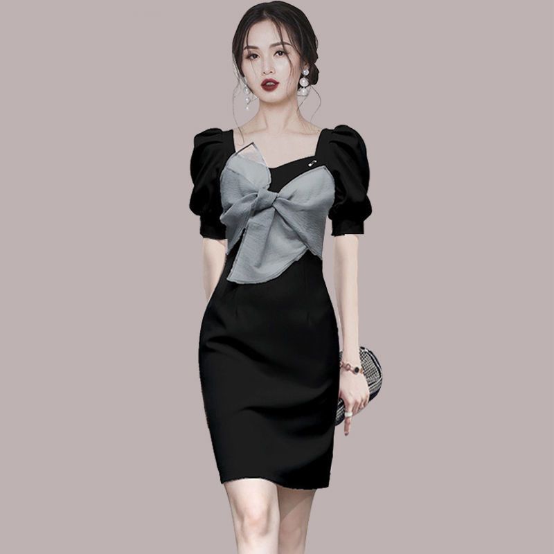高端气质名媛泡泡袖连衣裙女2021年夏季新款修身包臀显瘦女装裙子 白色 M 建议80-105斤