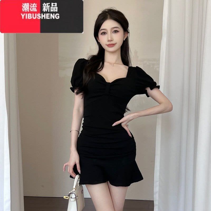 YIBUSHENG辣妹女装方领低胸性感白色连衣裙紧身荷叶边短裙夜场上班衣服季图片