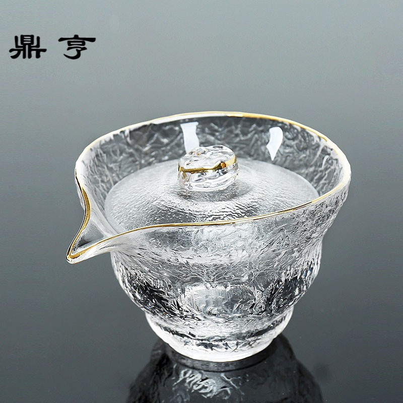 鼎亨 描金玻璃加厚三才盖碗茶具锤纹耐高温耐热 水晶透明泡茶碗