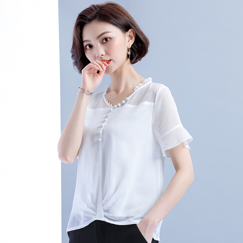雪纺衫短袖女夏宽松遮肚子显瘦上衣2018新款气质甜美洋气小衫超仙