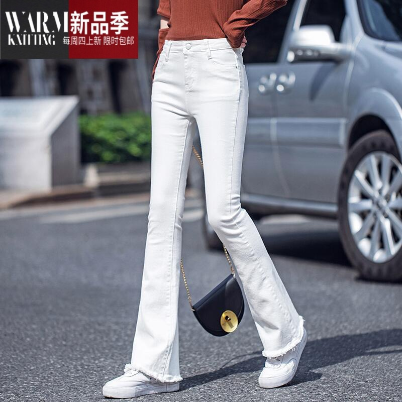 shanchao白色高腰微喇裤女时尚毛边牛仔裤新款弹力显瘦加绒喇叭长裤