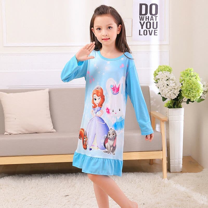 迪鲁奥(DILUAO)春季儿童长袖睡裙女童纯棉睡衣卡通白雪公主裙子冰雪奇缘秋季童装图片