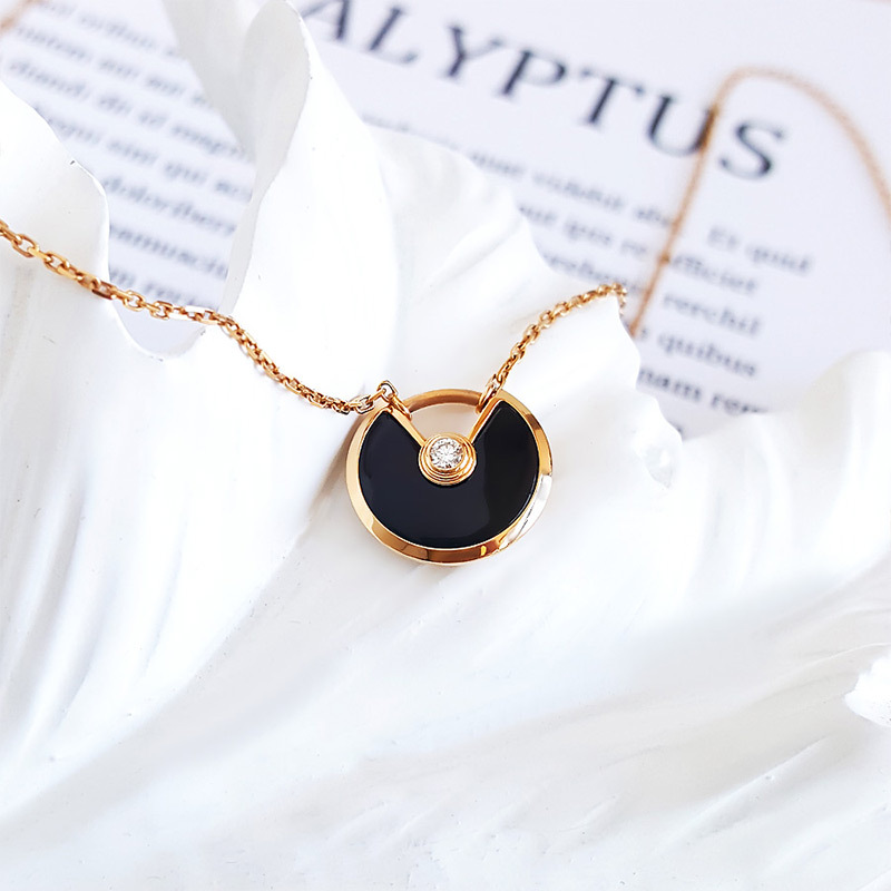 正品二手95新卡地亚cartier18k玫瑰金镶钻黑玛瑙护身符项链卡地亚项链