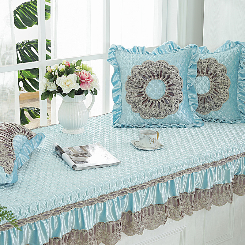 汐岩飘窗垫欧式窗台垫卧室落地飘窗垫四季通用阳台垫榻榻米垫飘窗装饰 天蓝色--虞美人(70宽+20裙摆)*180cm长