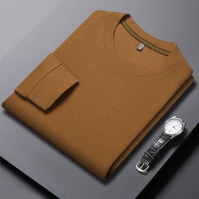 批发跑量华夫格男士长袖T恤春秋季新款纯色圆领休闲百搭卫衣男款 XXL 焦糖