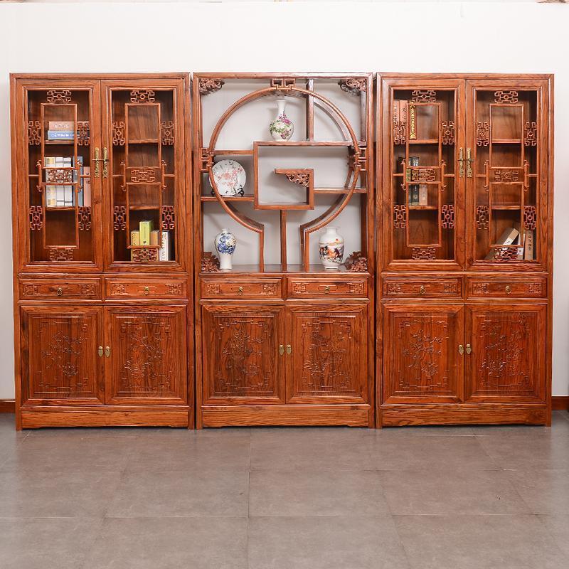 森美人中式书柜全实木书橱物组合榆木置物架带玻璃花仿古展示柜落地 新款书柜三组合1-1.2米宽