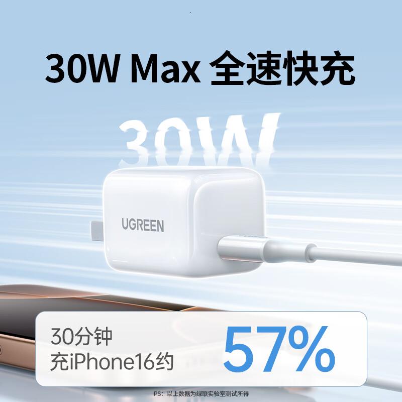 绿联30W充电器套装适用iPhone16/plus手机ipad/PD20W氮化镓快充头Type-C插头