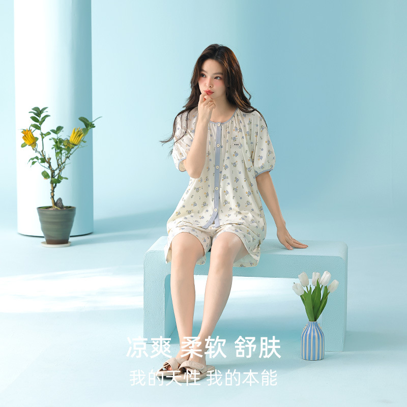米奇喵[超柔软]温柔系莫代尔夏季短袖a类睡衣女棉莫韩版小碎花居家服 小碎花居家服 款式尺码备注高清大图