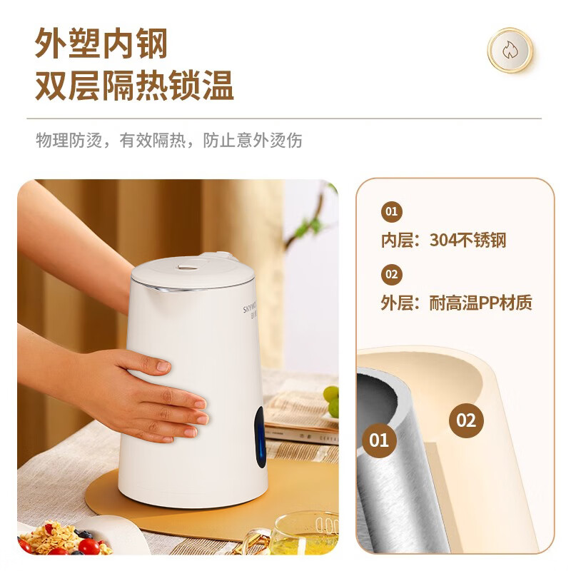 创维(Skyworth) S221 电水壶 1.7L 电热水壶 304不锈钢家用1500W电热水壶 白色高清大图
