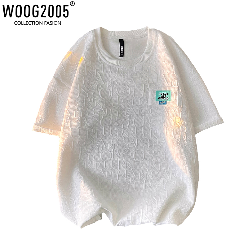 WOOG2005浮雕华夫格t恤oversize白色短袖男夏季ins潮开叉体恤半袖