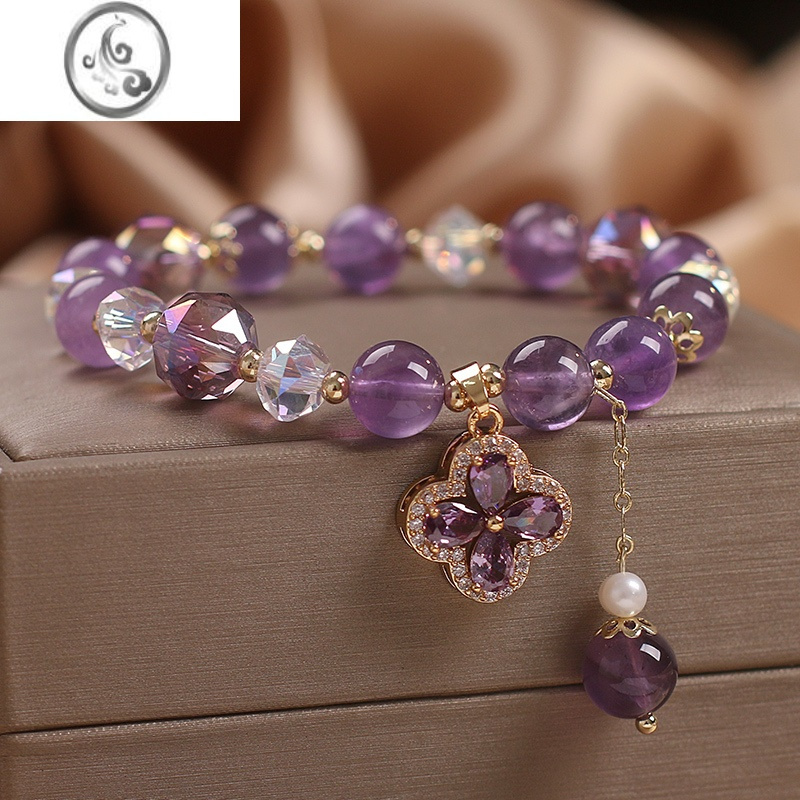 jimi优雅紫水晶手链女轻奢复古四叶草吊坠手串手环闺蜜姐妹链饰品