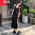 YIBUSHENG纯欲风包臀裙长款小妈裙套装女设计感防晒罩衫挂脖连衣裙子两件B L建议105-115斤 黑色长裙