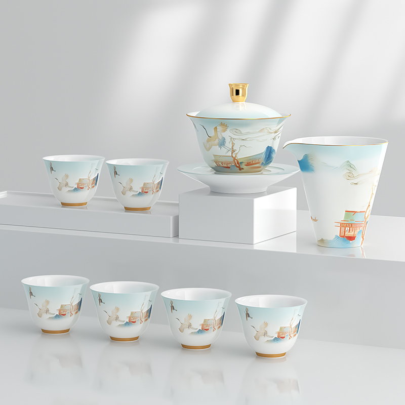 金灶KP-Y015瑞鹤陶瓷功夫茶具珐琅彩盖碗公道杯品茗杯套装家用