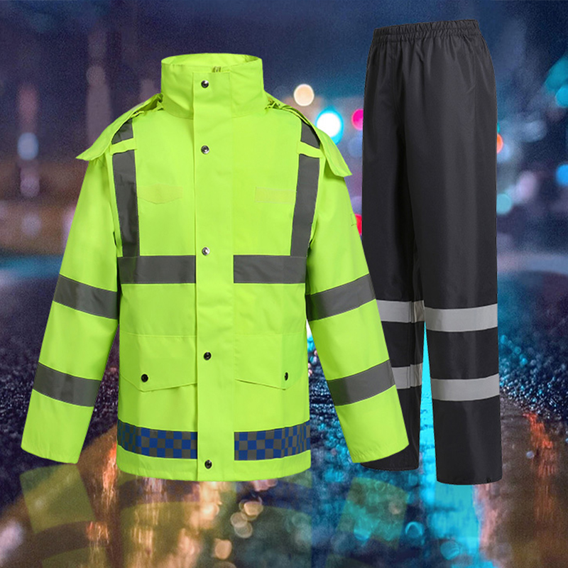分体雨衣雨裤套装 男反光全身防水 双层加厚 骑行环卫交通安全服定制高清大图