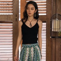 性感黑色带背心女夏外穿内搭v领露脐装海边度假打底衫上衣 坑条弹力背心 均码