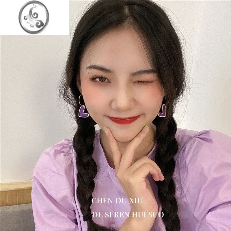 JiMi日韩新款抽象可爱撞色爱心耳饰女甜美童趣比心糖果紫色系耳环耳夹